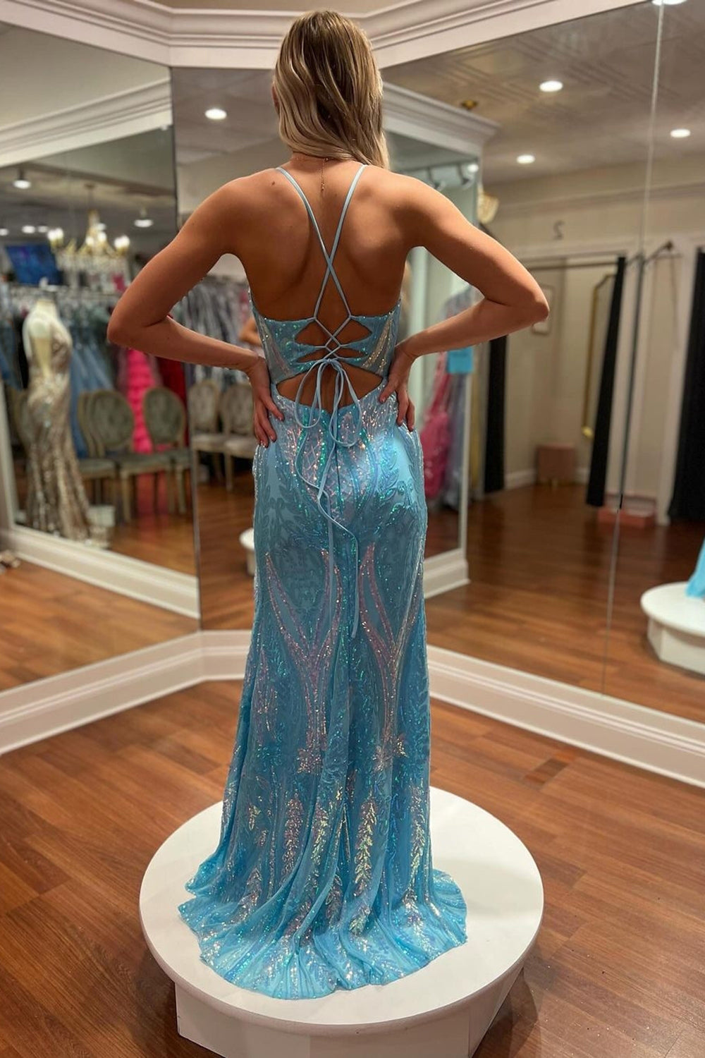 Luolandi Blue Sequined V-Neck Lace Up Back Long Prom Dress Sparkly Evening Dress